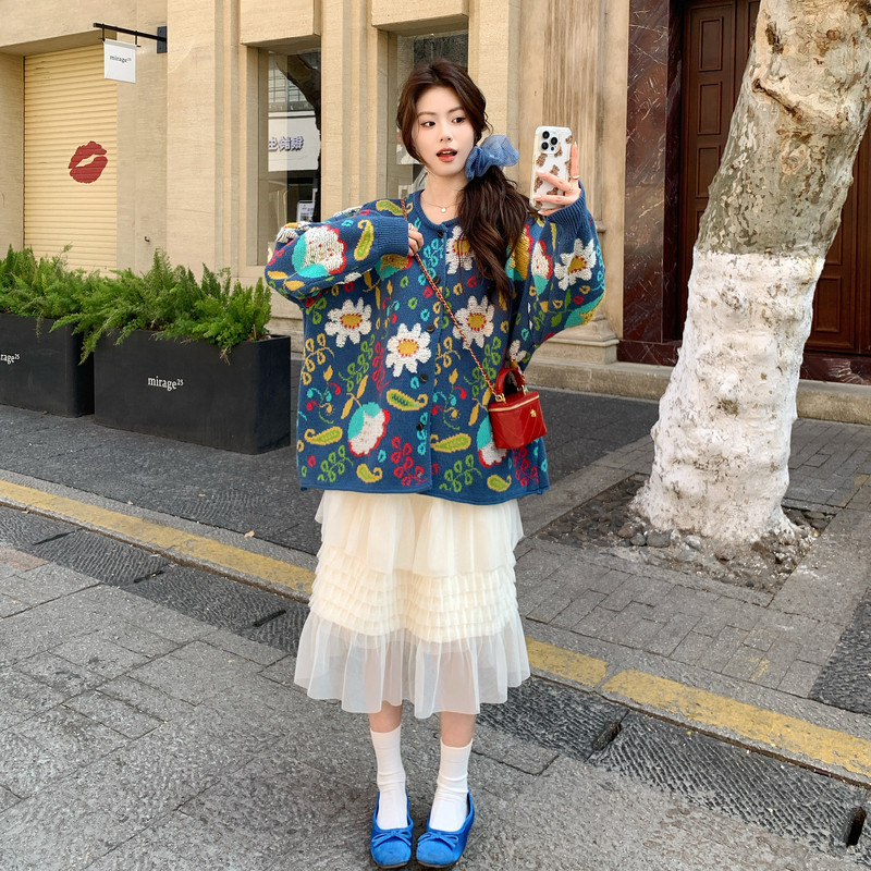 新品现货！蓝色韩系花朵针织上衣+半裙两件套8621-P175控288，女装套装/套裙，依依服饰