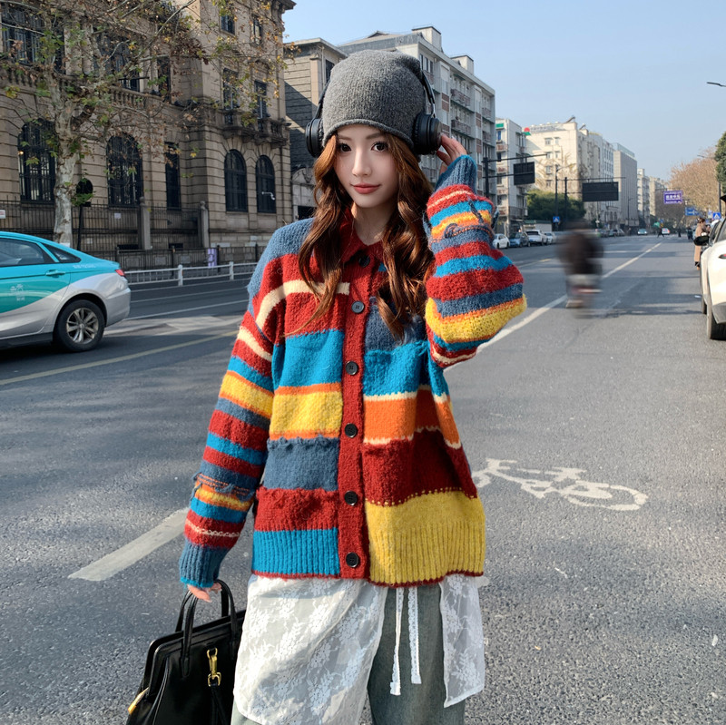 新品现货！古早氛围多巴胺条纹针织外套8602-P130控218(上衣），女装针织衫/毛衣，依依服饰