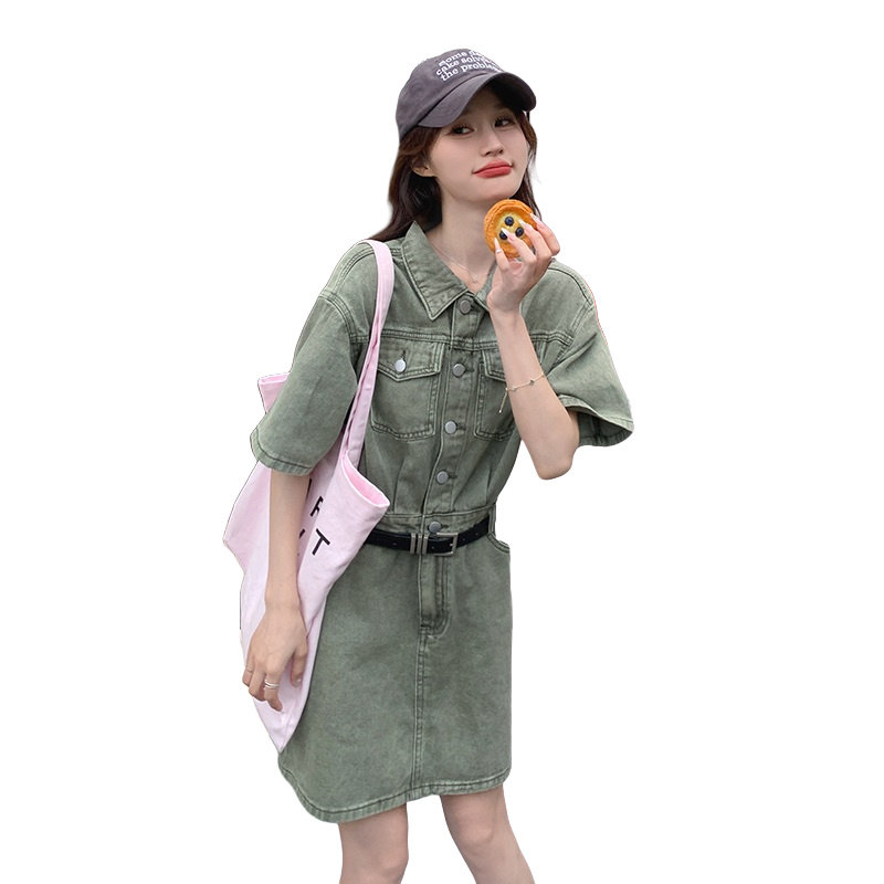 绿色复古牛仔连衣裙女2025新款夏季小个子休闲时尚气质工装短裙子,女装连衣裙,依依服饰