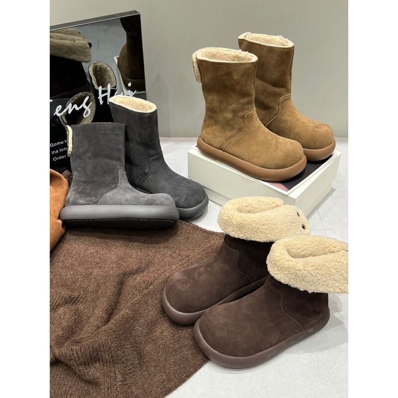 中筒靴子保暖雪地靴女2025冬季新款加绒真皮厚底百搭短靴休闲鞋女