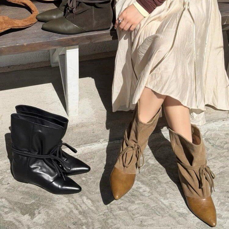 自留版 ~ 韩版尖头系带堆堆靴女冬季低跟浅米色骑士靴松弛感短靴