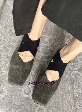 「现货秒发」Uma Wang 灰色帆布拼黑弹力带一脚蹬低跟舞蹈芭蕾鞋