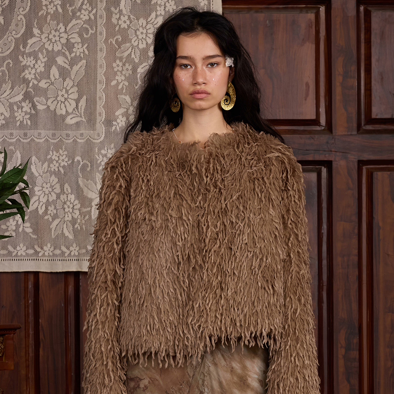 Deplumer棕色仿狐狸毛皮草女暗扣外套