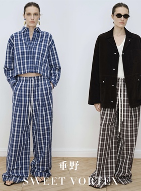 MAISON THER 25FW 蓝色/棕色棉质格纹双层短款衬衫+抽绳直筒长裤