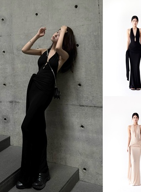 Tsuki曙月 裸色/黑色不对称绑带挂脖露背度假宴会连衣裙