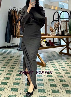 Cortana 24SS 黑色套头裹身一字肩真丝连衣裙 国内现货