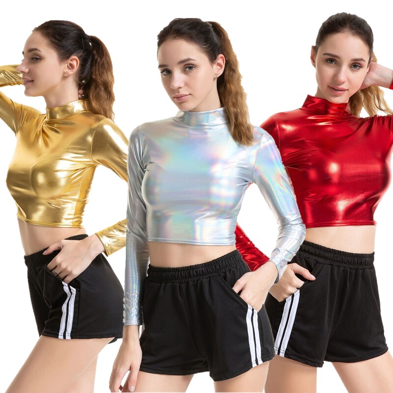 镭射金银色亮面漆皮修身长袖上衣露脐小高领T恤女涂胶舞蹈表演服