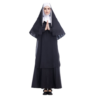万圣节服装亚马逊成人女款黑色牧师服玛利亚神父修女服角色扮演服