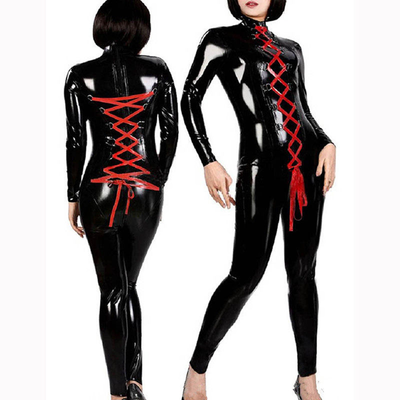 夜店漆皮长袖立领红色绑带仿皮连体衣裤俱乐部ds钢管舞表演服装