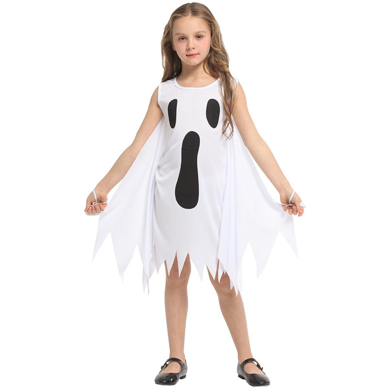 万圣节儿童白色幽灵cosplay服装小女孩恐怖鬼怪骷髅不规则连衣裙