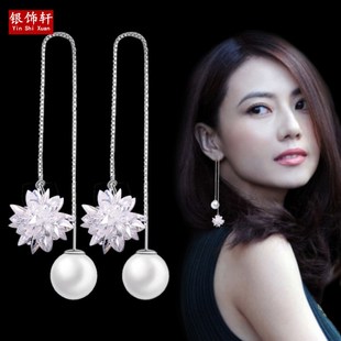 耳环韩国气质长款吊坠耳钉女纯银百搭水晶冰花珍珠耳线个性流苏坠