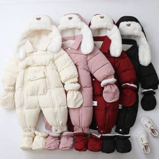 婴儿雷锋帽冬装小童夹棉加厚爬服宝宝儿童连体衣2025冬新款外出服