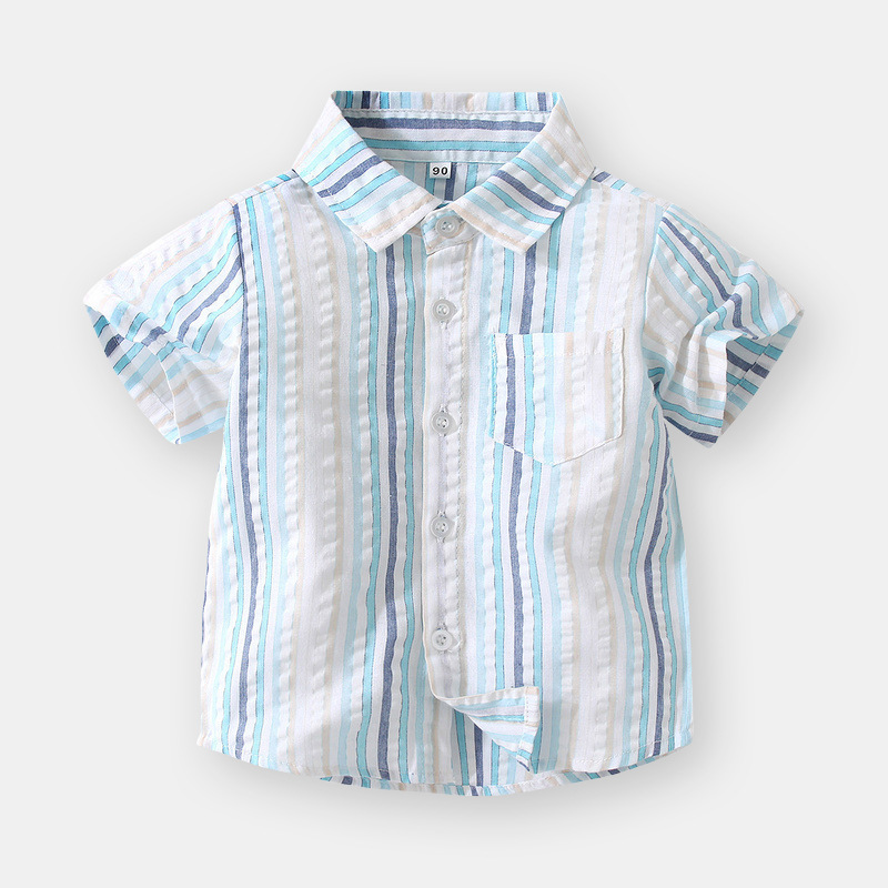 儿童短袖衬衫男童彩色条纹百搭帅气衬衣宝宝透气翻领单排扣衣服