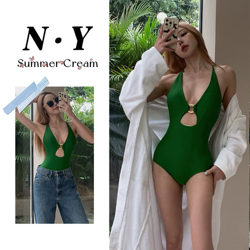 绿色显白泳衣女显瘦遮肚