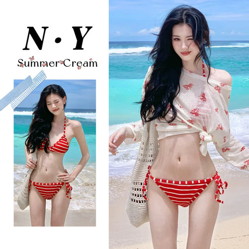 纯欲复古分体泳衣三件套ins性感