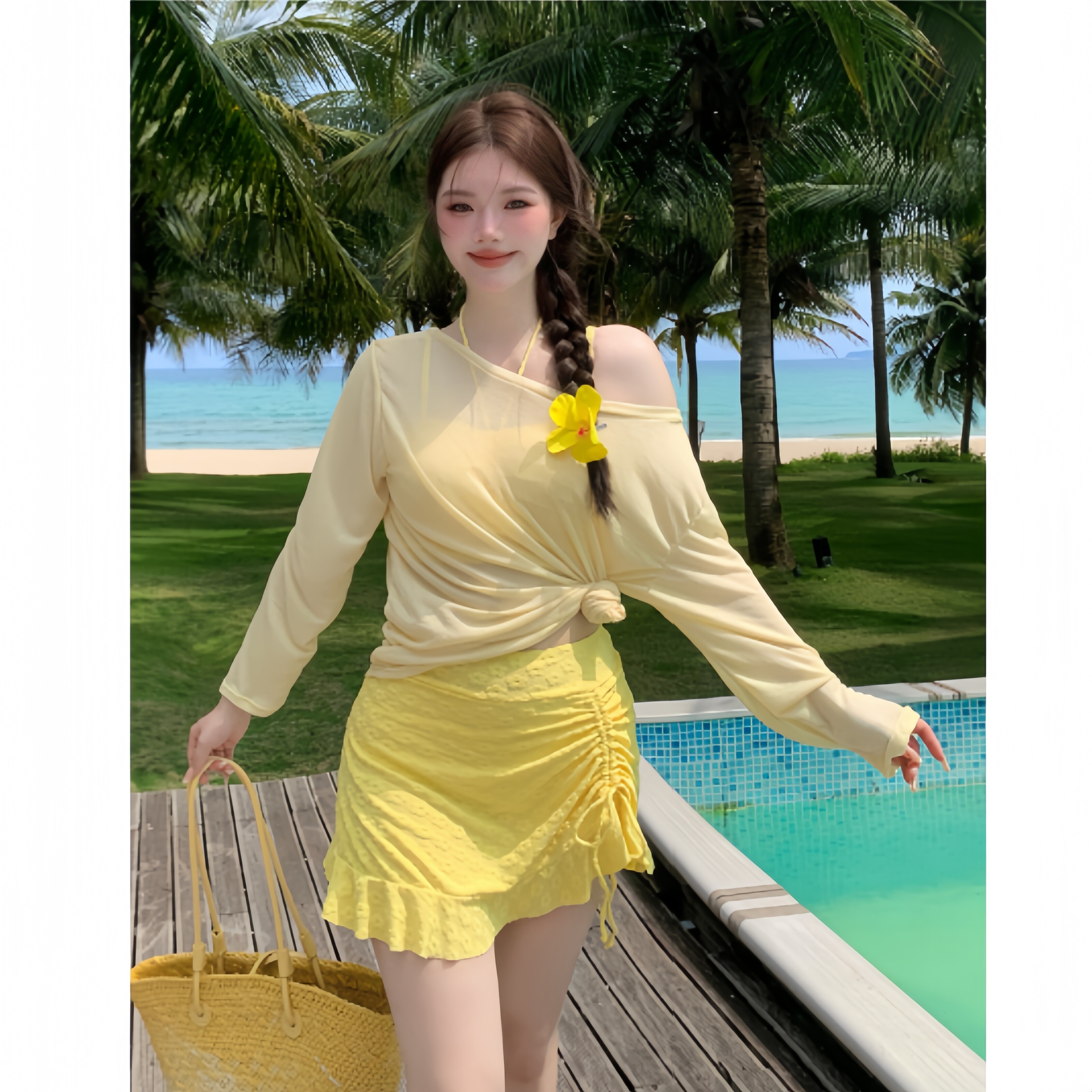 大码泳衣女款分体三件套长袖防晒纯色微胖女孩遮肉泡温泉度假泳衣