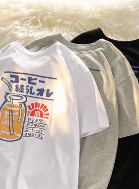 100%纯棉日系复古短袖t恤男女宽松夏季ins宽松潮牌卡通上衣情侣装