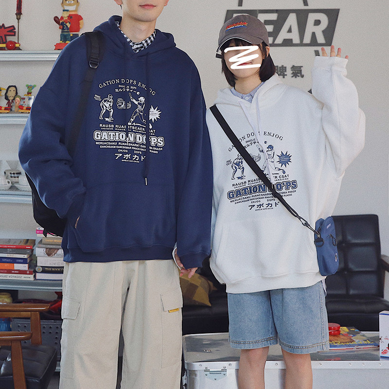 2020秋冬新款情侣连帽卫衣设计感韩版宽松BF风加绒加厚班服外套潮
