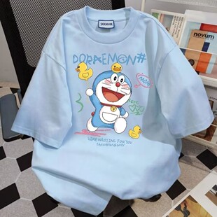 重磅纯棉港风潮流哆啦a梦印花短袖T恤男女ins夏季百搭宽松上衣服