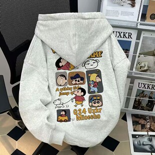 银狐绒日系卡通洋气蜡笔小新连帽卫衣男女宽松休闲ins秋冬季外套