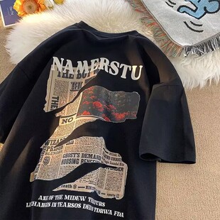 重磅纯棉美式复古hiphop报纸印花短袖T恤情侣休闲夏季潮牌上衣男