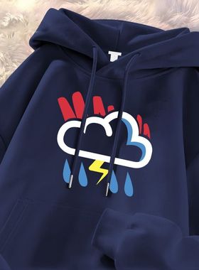 银狐绒美式潮牌高级感雷阵雨印花连帽卫衣男女vibe秋冬季宽松外套