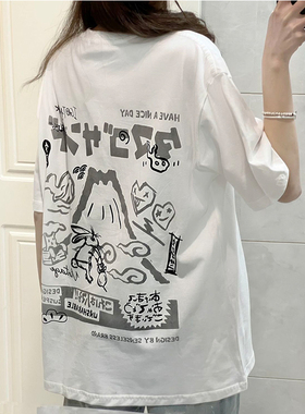 重磅纯棉日系潮流卡通印花半袖t恤上衣情侣装夏季百搭bf风短袖男