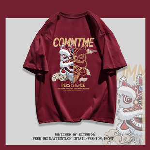 休闲复古上衣男女 bf风夏季 重磅纯棉国潮牌醒狮印花短袖 t恤情侣款