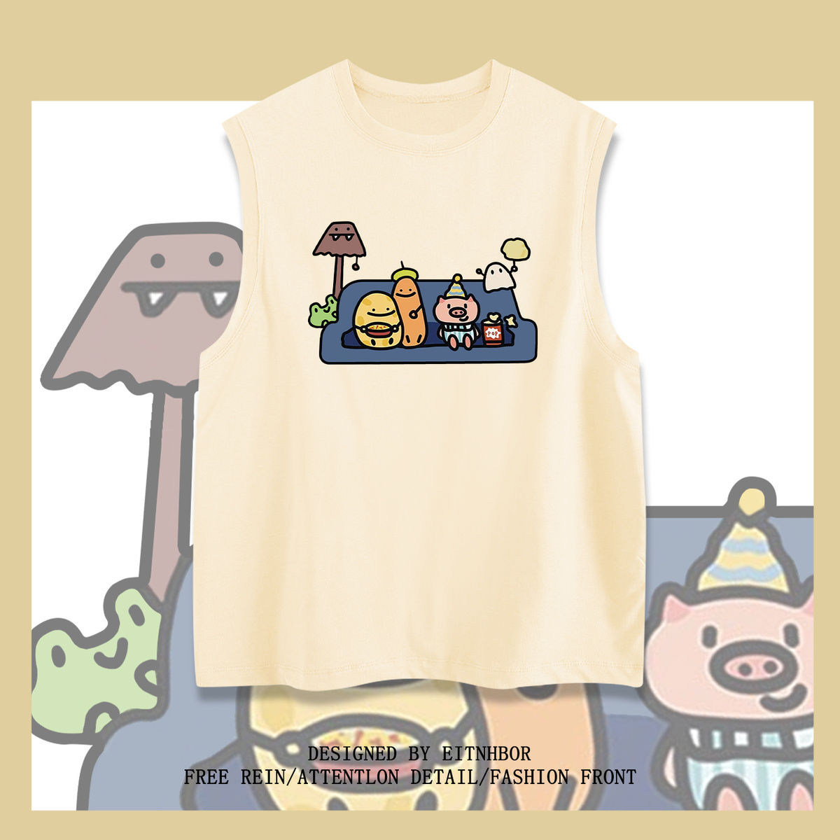重磅纯棉港风chic潮流卡通印花无袖T恤男女宽松夏季百搭坎肩背心