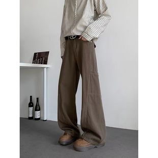 高街宽松直筒阔腿裤 咖色美拉德风水洗牛仔裤 美式 男2025秋冬季 新款