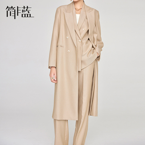 简非蓝西装套装女长款风衣高腰阔腿裤气质长裤显瘦洋气米色套装