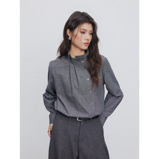 秋冬通勤休闲长袖 女装 衬衣上衣 韩系氛围感穿搭灰色立领衬衫 KEARA