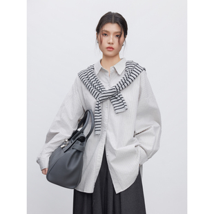 新款 女冬季 爆款 浅灰色条纹衬衫 简约休闲上衣 KEARA 长款 ins风衬衫