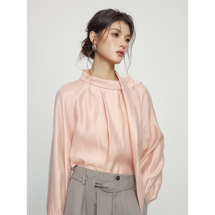 女2025秋新款 衬衫 气质通勤小众设计感上衣 桃粉色飘带灯笼袖 KEARA