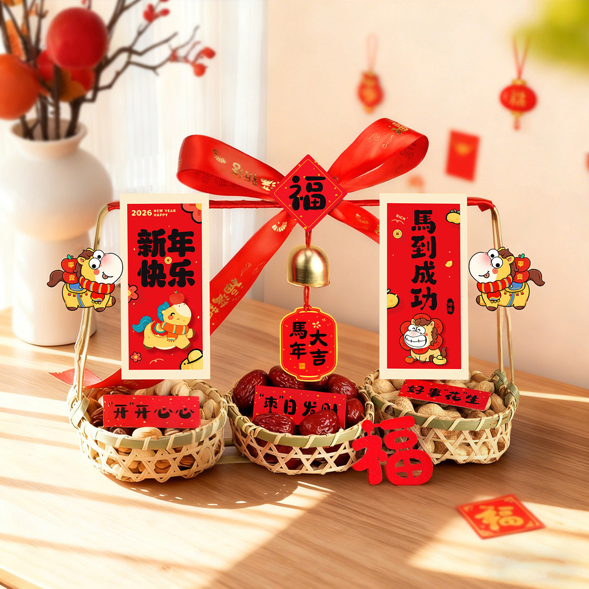 2026新年春节手提竹篮子摆件年会氛围布置创意干果马年货装饰用品