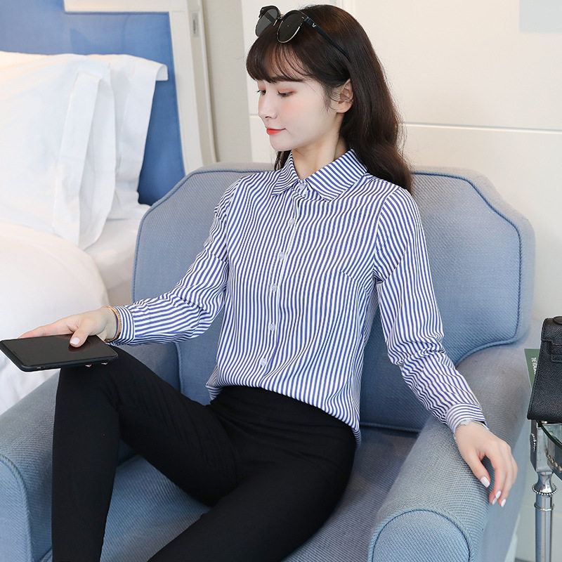 时尚条纹设计长袖夏天衬衫女韩版衬衫