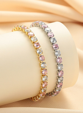 铜镶轻奢手饰网球手链锆石单排4mm彩色手镯七夕情人节礼物