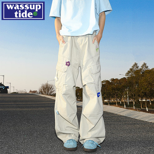wassup tide花卉刺绣伞兵工装裤男夏季美式痞帅潮牌宽松直筒裤子