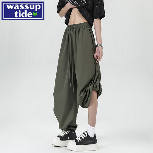 wassup tide潮牌速干伞兵裤男款夏季薄款宽松直筒阔腿褶皱运动裤