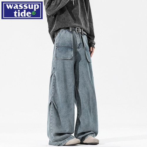 wassup tide潮直筒伞兵牛仔裤男春季2025新复古水洗阔腿休闲裤子