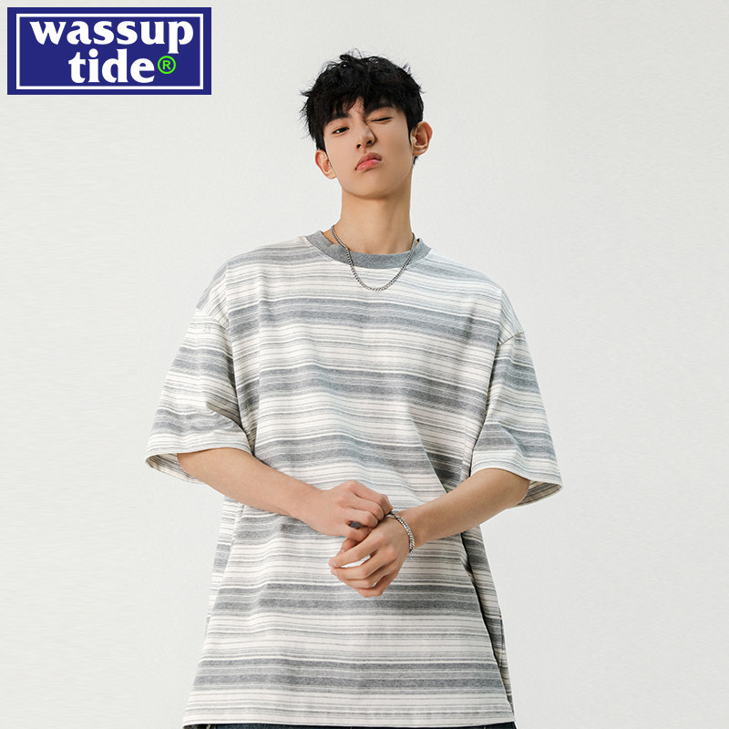 wassup tide潮美式夏季短袖男款ins条纹撞色显瘦宽松半袖T恤上衣