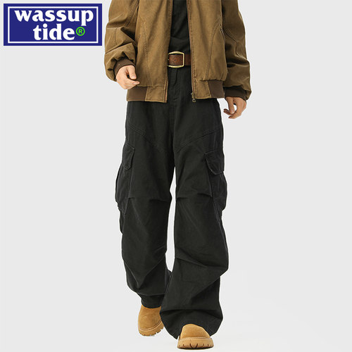 wassup tide潮美式工装裤男春夏季情侣宽松休闲直筒伞兵做旧裤子