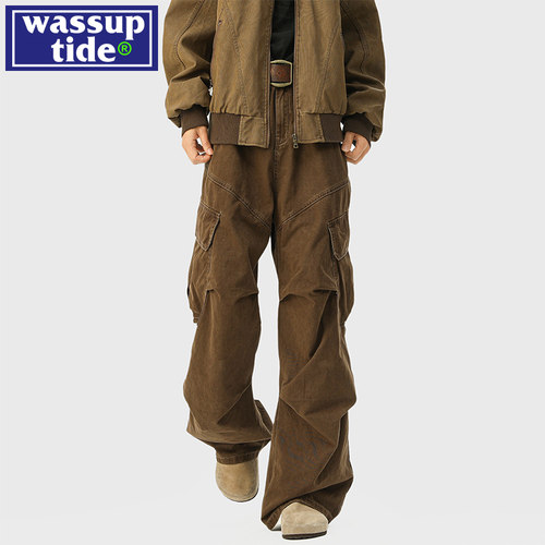 wassup tide伞兵咖色工装裤男春夏季潮牌宽松休闲直筒阔腿长裤子