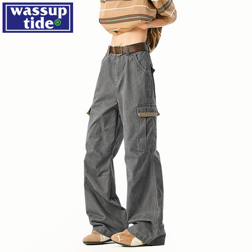wassup tide水洗伞兵工装裤男春季2025新款潮牌宽松直筒阔腿裤子