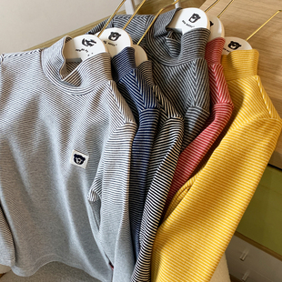 精梳棉儿童长袖T恤男童女童打底衫棉春秋冬厚实弹力高领条纹上衣