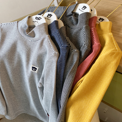 精梳棉儿童长袖T恤男童女童打底衫棉春秋冬厚实弹力高领条纹上衣