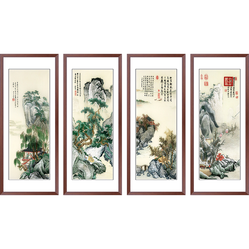 苏绣成品挂画山水风景纯手工新中式家居客厅走廊装饰画刺绣四条屏图片