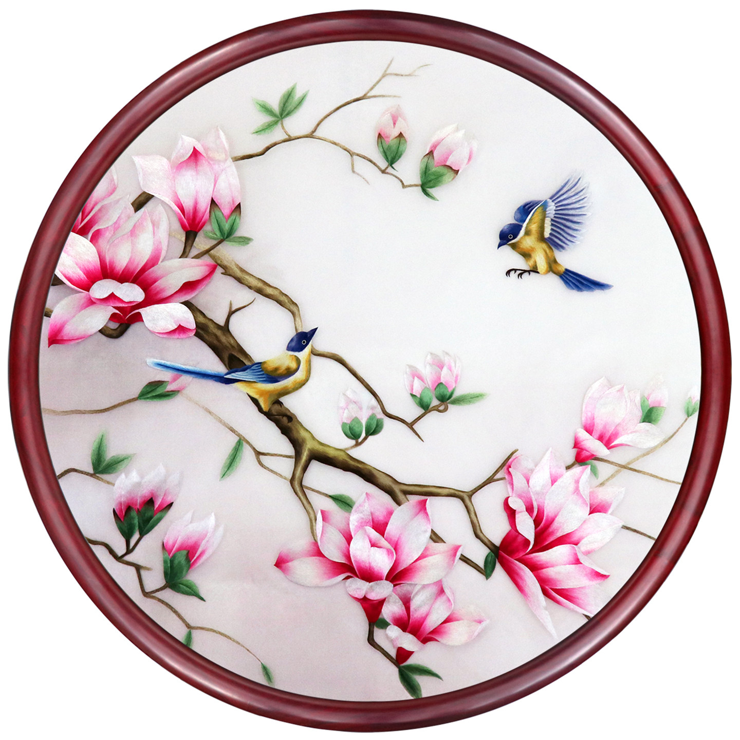 苏绣成品挂画玉兰花鸟玄关屏风隔断中式客厅纯手工真丝圆形刺绣画