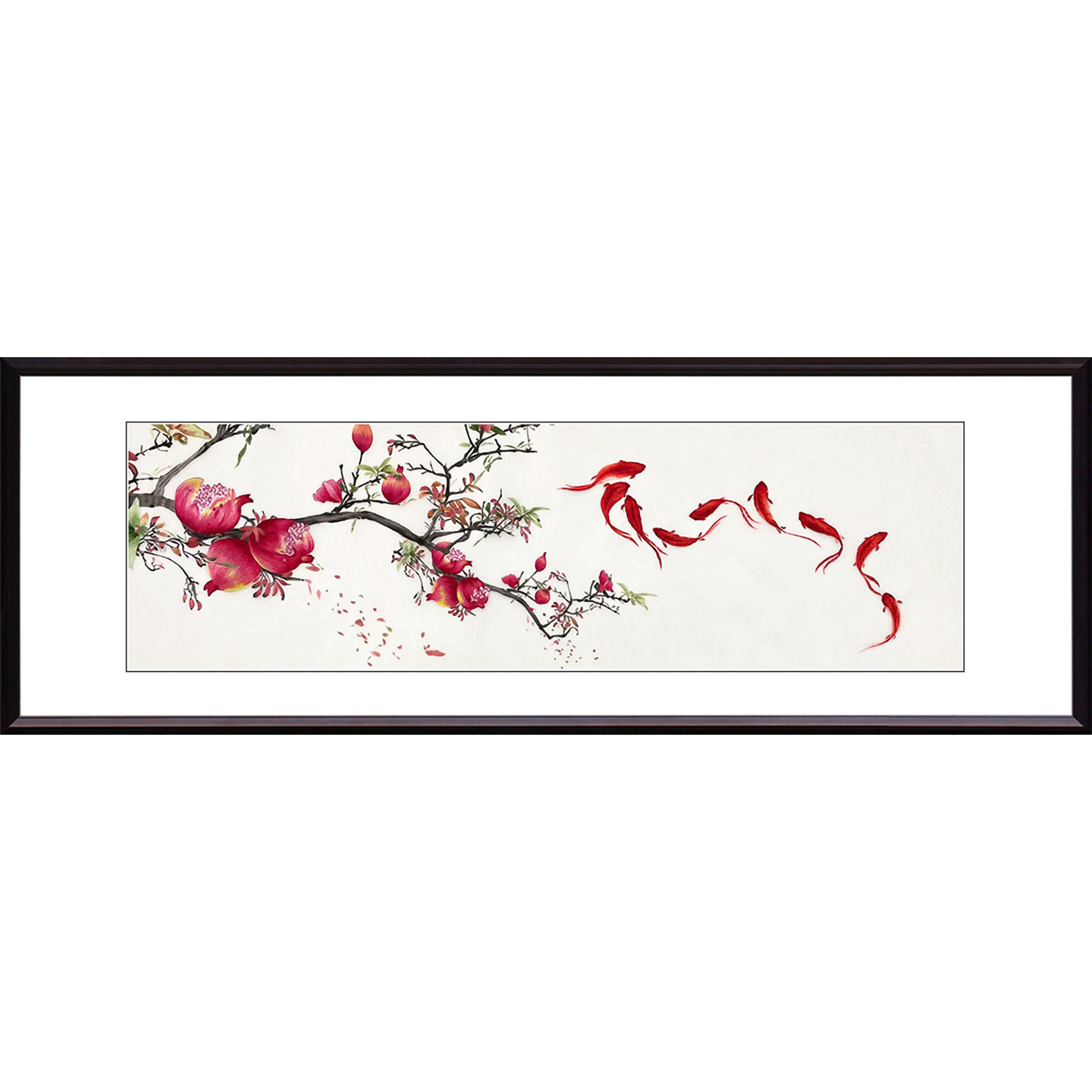 中国风石榴锦鲤画九鱼图刺绣装饰画客厅书房卧室挂画优雅气质苏绣