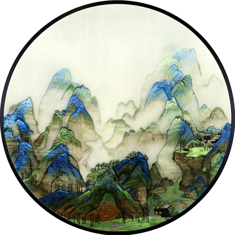 苏绣成品挂画圆形山水千里江山图现代简中客厅玄关装饰画手工刺绣图片